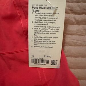 NWT Lululemon Pace Rival MR Skirt Long sz 18
